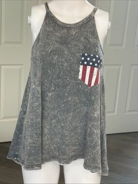 American Age Gray Acid-Wash Racerback Tank American Flag Print Faux Pocket-S